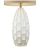 Cosgrove Mid Century Modern Coastal Table Lamp 32.75" Tall Ceramic White Handcrafted Beige Fabric Drum Shade Decor for Living Room Bedroom House Bedsi