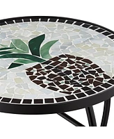 Beige Pineapple Modern Black Metal Round Outdoor Accent Side Table 14" Wide Black Glass Mosaic Tabletop Gracefully Curved Legs for Front Porch Patio H