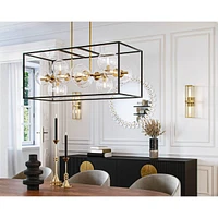 Possini Euro Design Fitzgerald Matte Black Gold Linear Pendant Chandelier 38" Wide Mid Century Modern Open Rectangular Frame Clear Globe Glass 12-Ligh