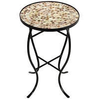 Mother of Pearl Modern Black Metal Round Outdoor Accent Side Table 14" Wide Natural Mosaic Tile Tabletop Gracefully Curved Legs for Spaces Porch Patio