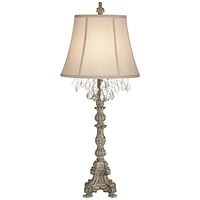 Duval French Country Cottage Table Lamp 34" Tall Crystal Distressed Antique White Candlestick Beige Bell Shade Decor for Living Room House Bedside Nig