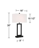 Todd Modern Table Lamp with Usb Port Ac Power Outlet 30" Tall Black Metal White Fabric Rectangle Shade for Living Room Bedroom House Bedside Nightstan