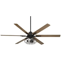 72" Expedition Industrial Rustic Indoor Ceiling Fan with Led 3-Light Remote Control Matte Black Oak Wood Cage for Living Room Kitchen House Bedroom Fa