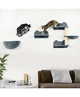 PawHut 4-Piece Cat Wall Shelves, Cat Wall Furniture with Hammock, Scratching Post, 3 Steps, Jumping Platforms for Activity Indoor Cat, Gray