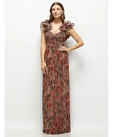 After Six Women's Dramatic Ruffle Edge Strap Fall Foral Pleated Metallic Maxi Dress