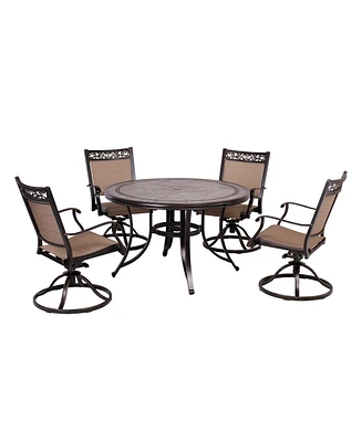 Mondawe 5-Piece Cast Aluminum Patio Dining Set with Round Umbrella Table and Swivel Chairs