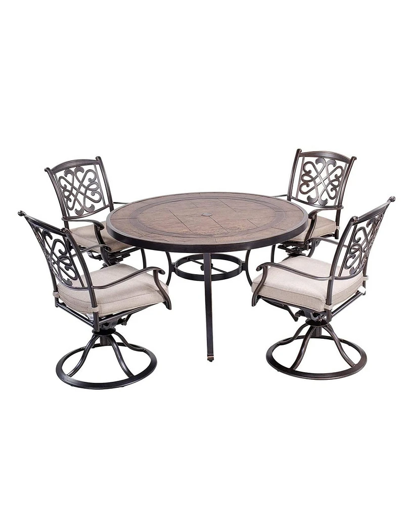 Mondawe 5-Piece Cast Aluminum Outdoor Dining Set with Round Umbrella Table and 4 Swivel Chairs with Cushions