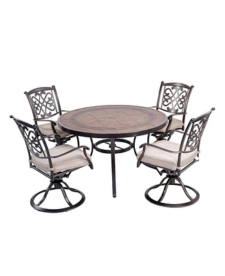 Mondawe 5-Piece Cast Aluminum Outdoor Dining Set with Round Umbrella Table and 4 Swivel Chairs with Cushions