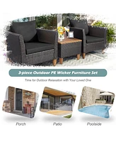 Sugift 3 Pieces Patio Rattan Bistro Furniture Set with Wooden Table Top