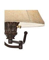 Rosslyn Rustic French Country Swing Arm Wall Lamps Set of 2 Bronze Plug-In Light Fixture Faux Leather Bell Shade for Bedroom Bedside House Reading Liv