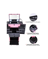 Byootique Rolling Makeup Case w/ Lights Mirror Cosmetic Aritist Studio Multi-function Pink