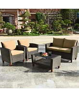 Costway 8PCS Patio Rattan Furniture Set Solid Wood Leg Cushioned Sofa Garden Lawn