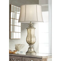 Barnes and Ivy Freida Traditional Curving Urn-Shaped Table Lamp with Nightlight 33.5" Tall Mercury Glass Off-White Fabric Bell Shade for Living Room B