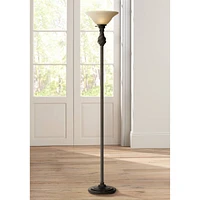 Regency Hill Traditional Torchiere Floor Lamp 70" Tall Hand Applied Black Bronze Swirl Font Amber Glass Shade Standing Pole Light for Living Room Read