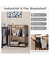 Costway 3-Tier Industrial Metal Frame Corner Bookcase with Adjustable Shelves Rustic