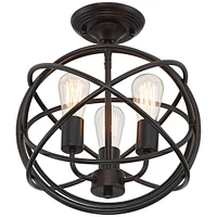 Franklin Iron Works Ellery Industrial Rustic Farmhouse Ceiling Light Semi Flush-Mount Fixture 14" Wide Bronze 3-Light Openwork Cage Sphere Shade for B
