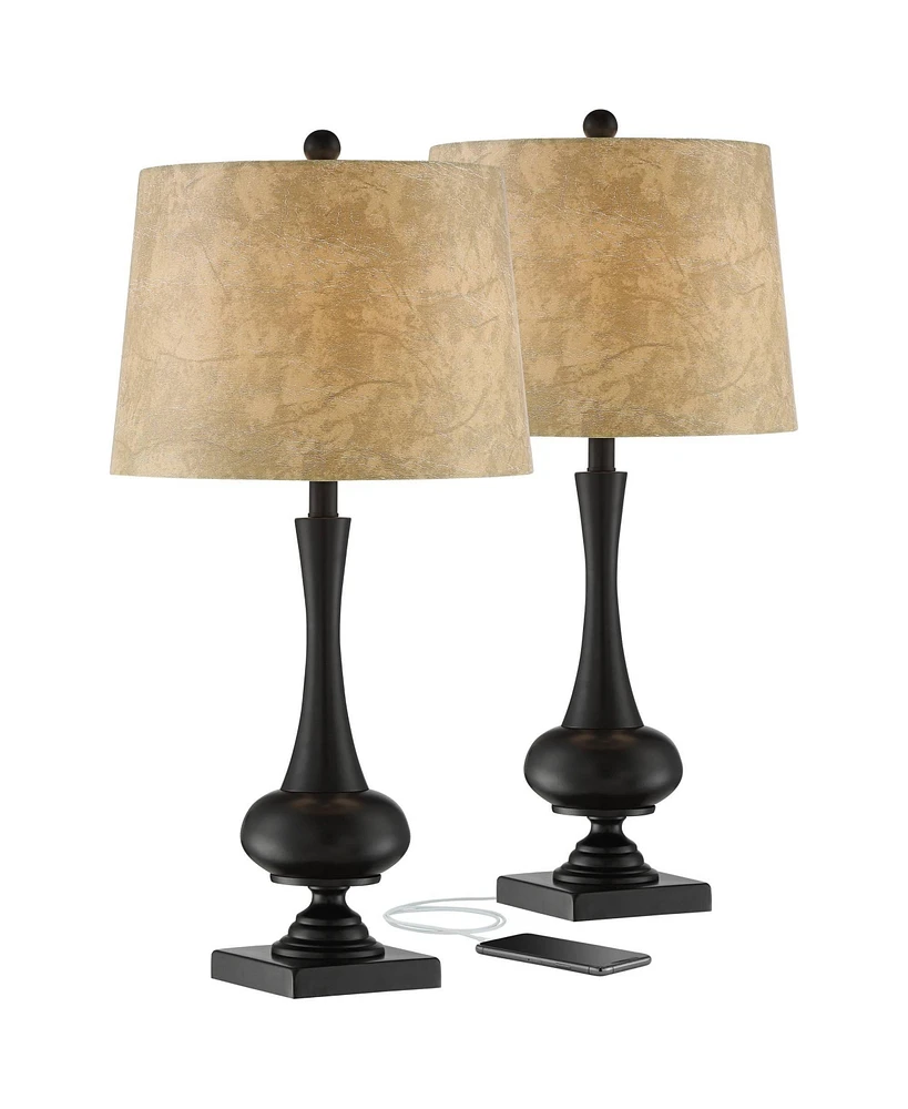 Franklin Iron Works Ross Rustic Farmhouse Table Lamps 27" Tall Set of 2 with Usb Charging Port Bronze Brown Metal Faux Leather Drum Shade for Living R