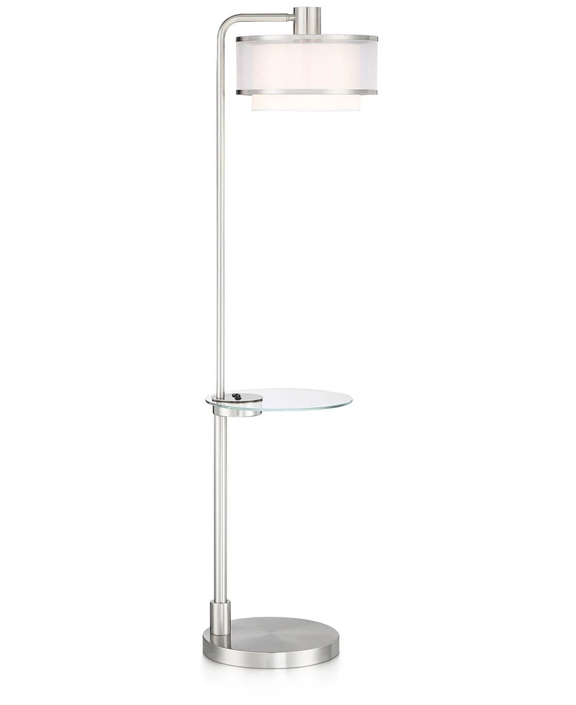 Possini Euro Design Vogue Modern Floor Lamp with Table Tempered Glass 60" Tall Brushed Nickel White Linen Silver Organza Double Drum Shade Usb Chargin