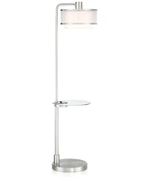 Possini Euro Design Vogue Modern Floor Lamp with Table Tempered Glass 60" Tall Brushed Nickel White Linen Silver Organza Double Drum Shade Usb Chargin