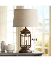 Franklin Iron Works Andreas Industrial Table Lamp with Nightlight and Usb Port 26" High Brown Metal Oatmeal Fabric Tapered Drum Shade Antique Led Edis