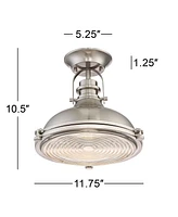 Possini Euro Design Verndale Industrial Ceiling Light Semi-Flush Mount Fixture Brushed Nickel Dome 11.75" Wide Clear Ribbed Glass for House Bedroom Ha