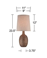 360 Lighting Chalane Rustic Farmhouse Accent Table Lamp 23.5" High Antique Bronze Hammered Texture Natural Beige Linen Fabric Shade for Living Room Be