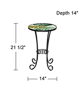 Tropical Leaves Black Metal Round Outdoor Accent Side Table 14" Wide Green Mosaic Tabletop Gracefully Curved Legs for Spaces Front Porch Patio Home Ho