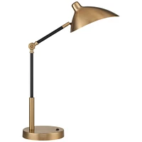 360 Lighting Colborne Mid Century Modern Industrial Desk Table Lamp Led with Usb Charging Port 28" Tall Antique Brass Black for Living Room Bedroom Ho