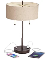 360 Lighting Nikola Modern Accent Table Lamp with Usb and Ac Power Outlet in Base 23 1/2" High Bronze Fabric Drum Shade for Bedroom Living Room House