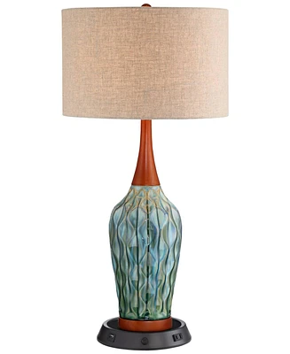 360 Lighting Rocco Mid Century Modern Table Lamp with Dimmable Usb Workstation Charging Base 30" Tall Blue Teal Ceramic Cherry Wood Linen Drum Shade f