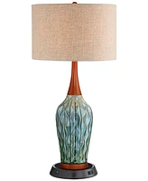 360 Lighting Rocco Mid Century Modern Table Lamp with Dimmable Usb Workstation Charging Base 30" Tall Blue Teal Ceramic Cherry Wood Linen Drum Shade f