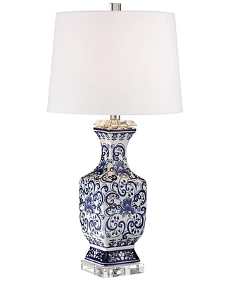 Barnes and Ivy Iris Traditional Country Cottage Table Lamp with Table Top Dimmer 28" Tall Blue White Floral White Porcelain Drum Shade Living Room Bed