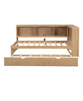 Streamdale Furniture Twin Size Daybed With Trundle, Storage Cabinets And Usb Ports, Wood Color