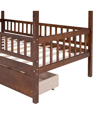 Simplie Fun Twin Size Wooden House Bed With Two Drawers, Walnut