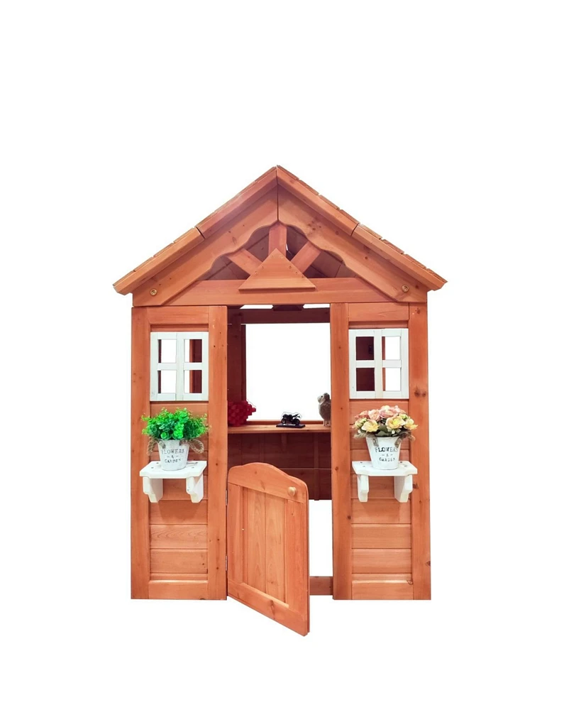 Simplie Fun All Wooden Kids Playhouse With 2 Windows And Flower Pot Holder, 42"L x 46"W x 55" H