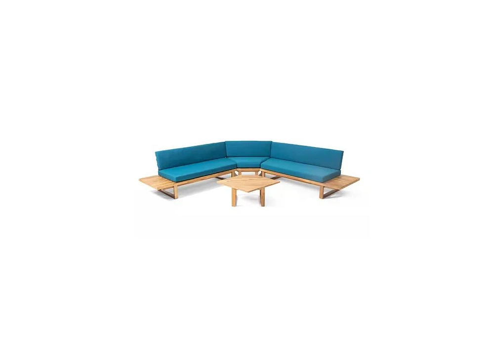 Simplie Fun Acacia Wood Sectional Set with Built-In Side Tables and Water-Resistant Cushions