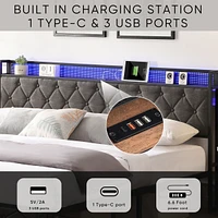 Upholstered King Bed with Storage, Charging Station, and Led Lights