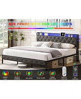 Streamdale Furniture Upholstered King Bed with Storage, Charging Station, and Led Lights