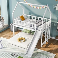 Twin Over Full House Bunk Bed With Slide And Built-In Ladder, Full-Length Guardrail