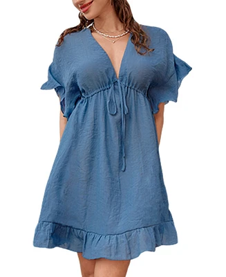 Cupshe Women's Blue Ruffled Tie Front Cover-Up Beach Dress