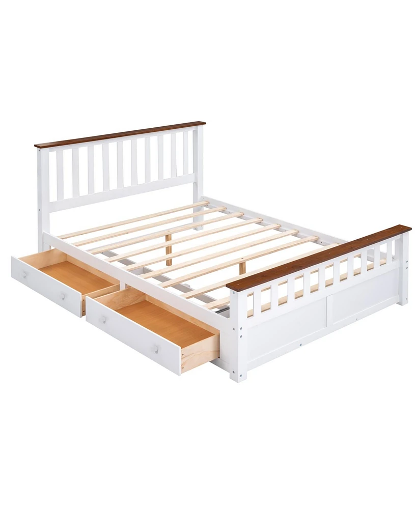 Simplie Fun Queen Size Wood Platform Bed With Two Drawers And Wooden Slat Support