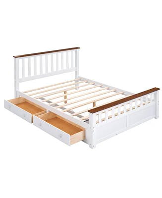 Simplie Fun Queen Size Wood Platform Bed With Two Drawers And Wooden Slat Support