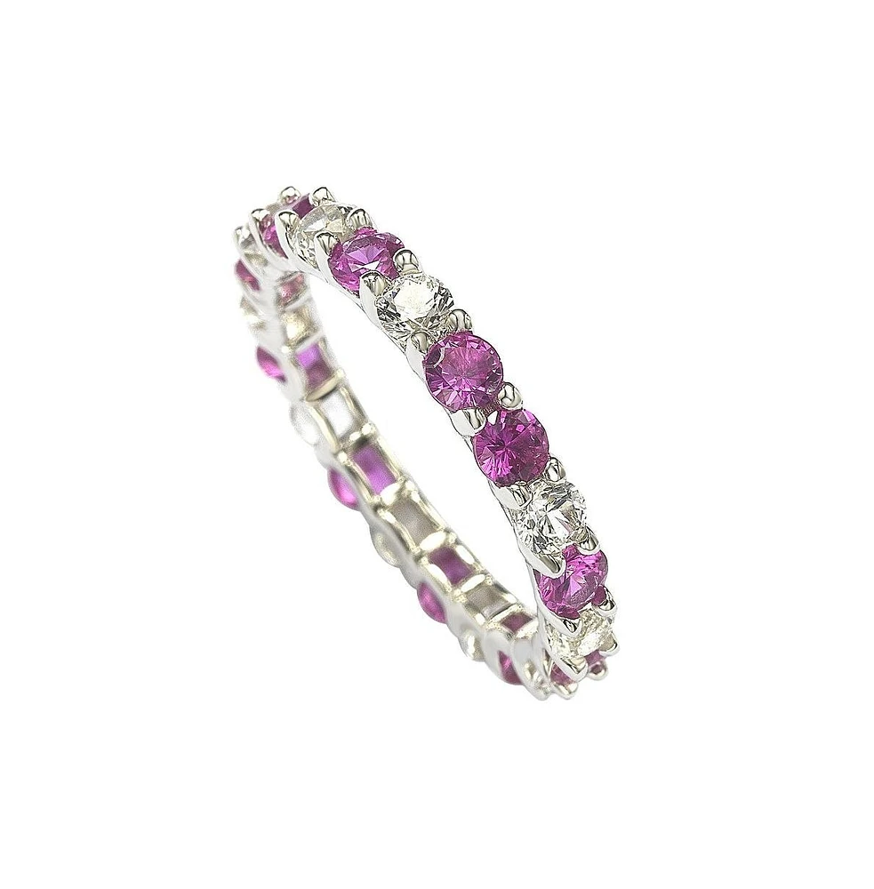 Suzy Levian New York Pink Sapphire & Lab-Grown White Alternating Eternity Band Ring Sterling Silver by