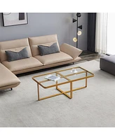 Simplie Fun Minimalism Rectangle Coffee Table, Golden Metal Frame With Tempered Glass Tabletop