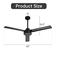 52 Inch Black Ceiling Fan Without Light, High Capacity Dc Motor