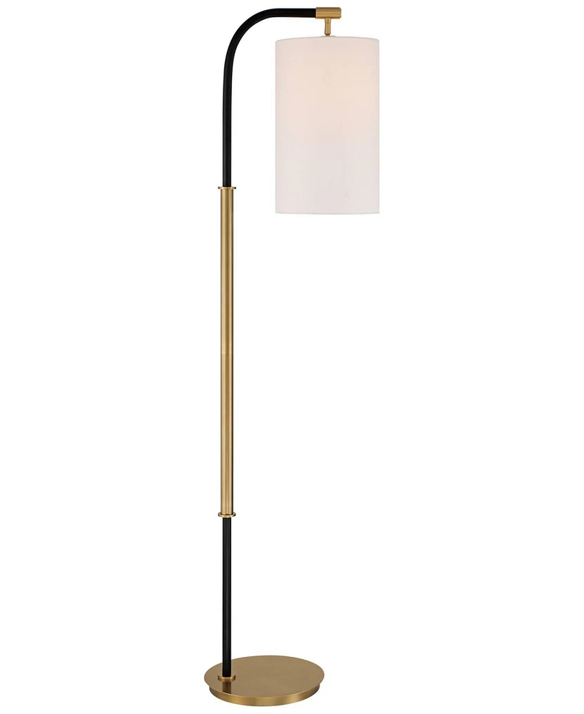 Possini Euro Design Sausalito Mid Century Modern Downbridge Floor Lamp 67" Tall Warm Gold Black Metal Linen Blend Fabric Cylinder Shade for Living Roo