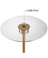 Possini Euro Design Volta Mid Century Modern Arched Floor Lamp with Usb Charging Port Glass Tray Table 66" Tall Antique Brass Gold Metal White Linen D