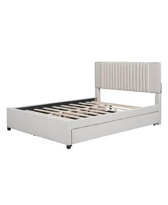 Streamdale Furniture Queen Size Upholstered Platform Bed With 2 Drawers And 1 Twin Xl Trundle, Classic Headboard Design