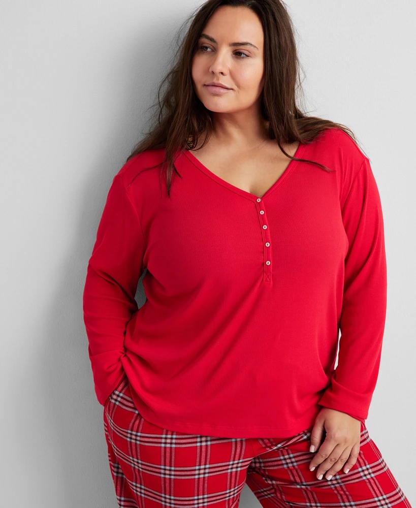 State of Day Women's Long-Sleeve Ribbed Henley Sleep Top Xs-3X, Created for Macy's