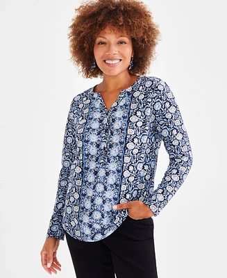 Style & Co Women's Cotton Printed Henley Top, Created for Macy's